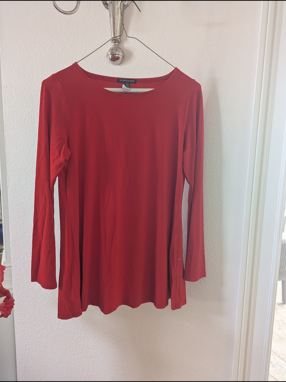 Eileen Fisher Red Top XS Tres Petit Long Sleeve Viscose Stretch Tunic Top Shirt